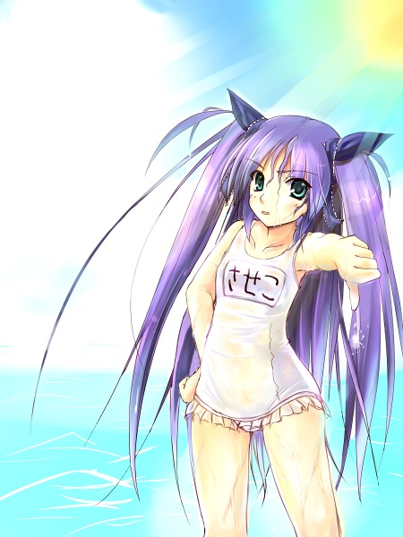 boshinote, sasasegawa sasami, little busters!, 1girl, day, female focus, name tag, one-piece swimsuit, outdoors, purple hair, school swimsuit, sky, solo, swimsuit, white one-piece swimsuit, white school swimsuit