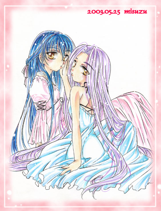 misuzu (artist), misuzu (bellin), hoshino ruri, lapis lazuli, kidou senkan nadesico, kidou senkan nadesico – prince of darkness, 1990s (style), 2girls, blue hair, dress, long hair, multiple girls, purple hair, yellow eyes