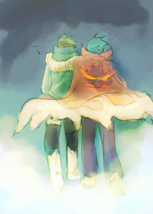 kamina (ttgl), kittan bachika, tengen toppa gurren lagann, artist request, 00s, 2boys, cape, gradient background, hug, male focus, multiple boys