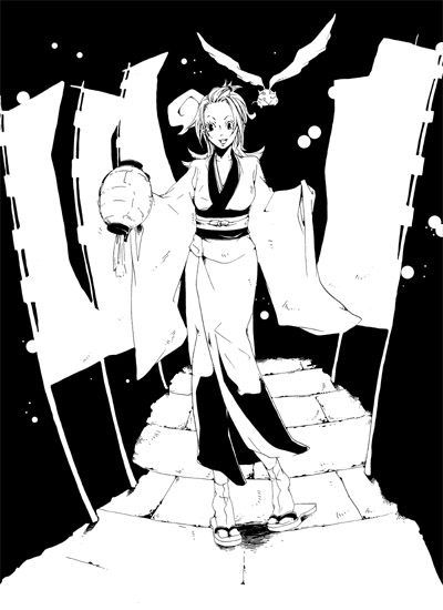 inoue nawo, chomesuke, d.gray-man, 00s, greyscale, japanese clothes, kimono, monochrome