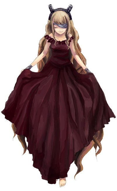 lala, lala (d.gray-man), d.gray-man, 00s, 1girl, barefoot, blonde hair, brown hair, closed eyes, clothes lift, dress, dress lift, eyepatch, feet, female focus, hairband, long hair, off shoulder, smile, solo, very long hair