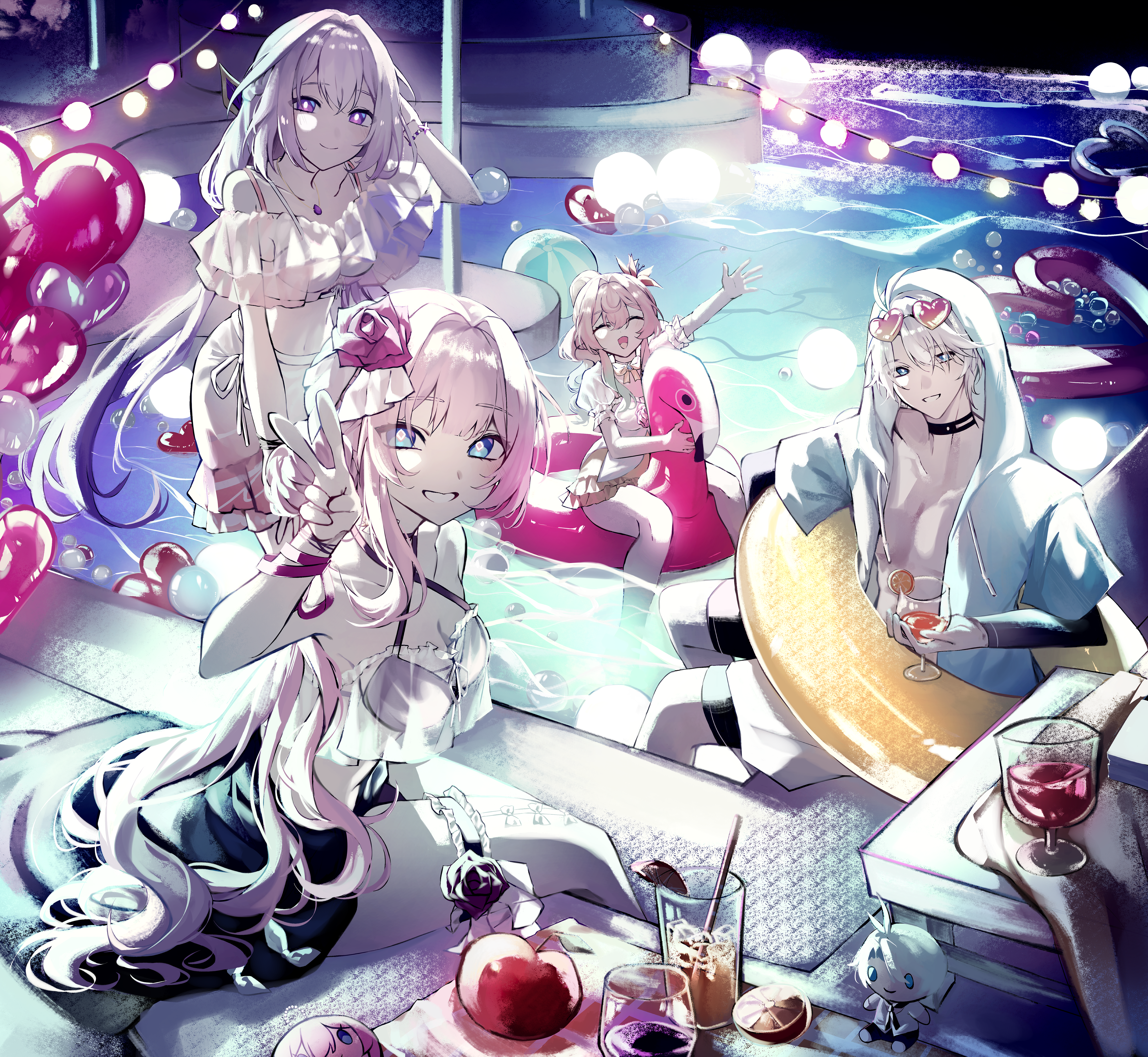 sparrow4193941, castorice (honkai: star rail), cyrene (honkai: star rail), hyacine (honkai: star rail), phainon (honkai: star rail), honkai: star rail, honkai (series), absurdres, commentary, english commentary, highres, 1boy, 3girls, ball, balloon, beachball, bikini, black bikini, black sarong, blue eyes, blue hood, breasts, cup, cyrene (aedes elysiae) (honkai: star rail), eyewear on head, heart, heart-shaped eyewear, heart balloon, holding, holding cup, long hair, medium breasts, multiple girls, pink hair, pink innertube, pool, poolside, purple eyes, purple hair, sarong, shorts, skirt, smile, sunglasses, swimsuit, thigh strap, tropical drink, v, very long hair, white hair, white shorts, white skirt, yellow innertube