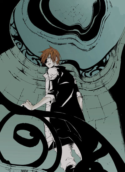 inoue nawo, lavi, d.gray-man, source request, 00s, 1boy, brown hair, eyepatch, looking at viewer, male focus, pants, red hair, solo, stairs, white pants