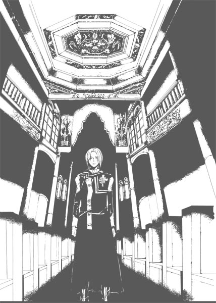 inoue nawo, allen walker, d.gray-man, 00s, 1boy, church, greyscale, male focus, monochrome, solo