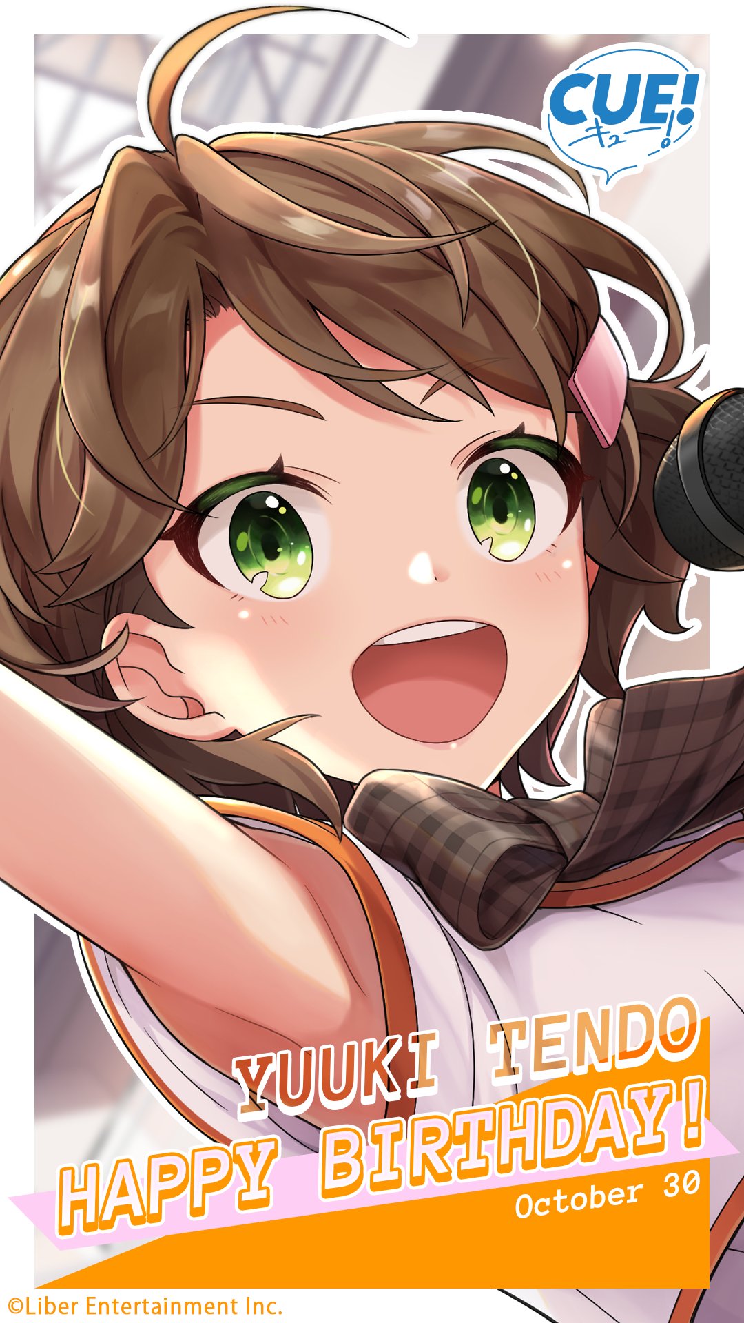 shirako miso, tendo yuuki, cue!, highres, official art, 1girl, :d, arm up, armpits, blurry, blurry background, blush, bow, breasts, brown bow, brown hair, character name, dated, english text, green eyes, hair ornament, hairclip, happy birthday, jacket, lips, looking at viewer, microphone, open mouth, orange jacket, plaid bow, short hair, short sleeves, small breasts, smile, solo, teeth, upper body, upper teeth only, v-shaped eyebrows