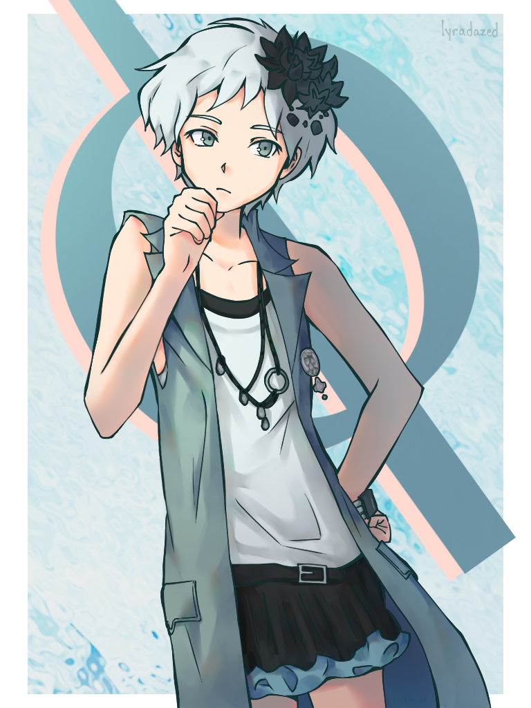 phi (kyokugen dasshutsu), kyokugen dasshutsu, kyokugen dasshutsu adv: zennin shibou desu, commentary, english commentary, 1girl, black flower, black skirt, blue eyes, blue jacket, border, brooch, closed mouth, eyelashes, flower, hair flower, hair ornament, hand on own hip, jacket, jewelry, lyradazed, necklace, open clothes, open jacket, shirt, short hair, skirt, sleeveless, sleeveless jacket, sleeveless shirt, solo, very short hair, white border, white hair, white shirt