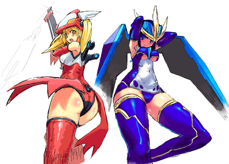 homura subaru, billbine, empoleon, latias, nintendo, pokemon, seisenshi dunbine, 1980s (style), 00s, 2girls, ass, breasts, costume, gen 3 pokemon, gen 4 pokemon, legendary pokemon, mecha musume, medium breasts, multiple girls, oldschool, pokemon (creature), retro artstyle, thighhighs, underboob