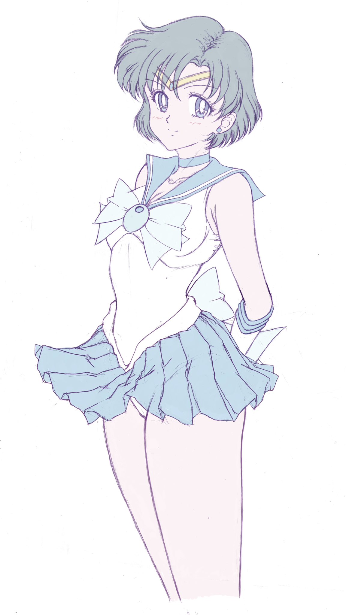 kankanze, mizuno ami, sailor mercury, bishoujo senshi sailor moon, highres, adapted costume, back bow, blue brooch, blue choker, blue eyes, blue hair, blue sailor collar, blue skirt, bow, bowtie, brooch, choker, circlet, clothes lift, earrings, elbow gloves, gloves, jewelry, leotard, light blush, looking at viewer, miniskirt, parted bangs, pleated skirt, sailor collar, sailor senshi uniform, short hair, skirt, skirt lift, smile, stud earrings, white gloves, white leotard