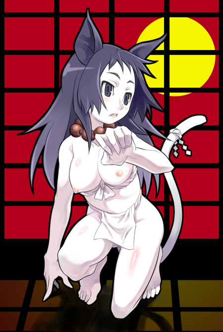 maruto!, 1girl, animal ears, barefoot, blue eyes, blue hair, blush, breasts, cat ears, cat tail, feet, female focus, jewelry, kneeling, long hair, matching hair/eyes, necklace, nipples, pale skin, shadow, solo, sun, tail, topless female