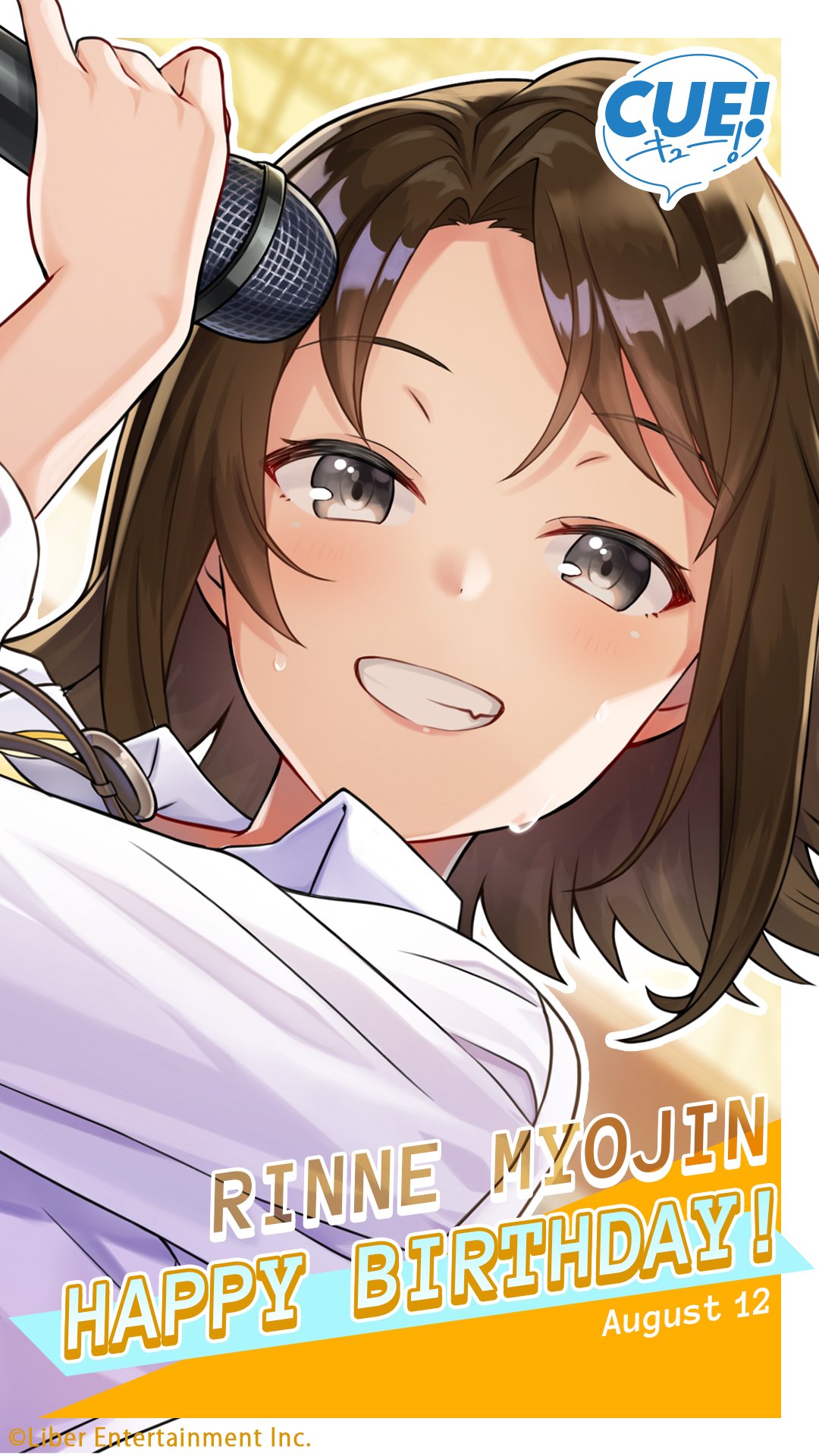 shirako miso, myojin rinne, cue!, highres, official art, 1girl, arm up, blurry, blurry background, blush, breasts, brown hair, character name, collared shirt, dated, english text, flipped hair, grey eyes, half-closed eyes, happy birthday, holding, holding microphone, long sleeves, looking at viewer, medium hair, microphone, open mouth, shirt, sidelocks, sleeves rolled up, smile, solo, sweat, teeth, upper body, white shirt