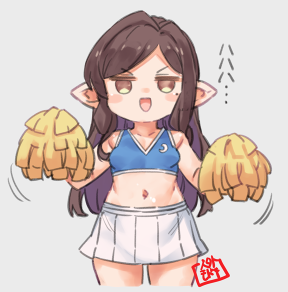 jingai modoki, arulumaya, granblue fantasy, commentary request, 1girl, breasts, brown hair, cheerleader, grey background, harvin, holding, holding pom poms, long hair, mole, mole under eye, open mouth, parted bangs, pom pom (cheerleading), pom poms, simple background, skirt, small breasts, solo, white skirt, yellow eyes