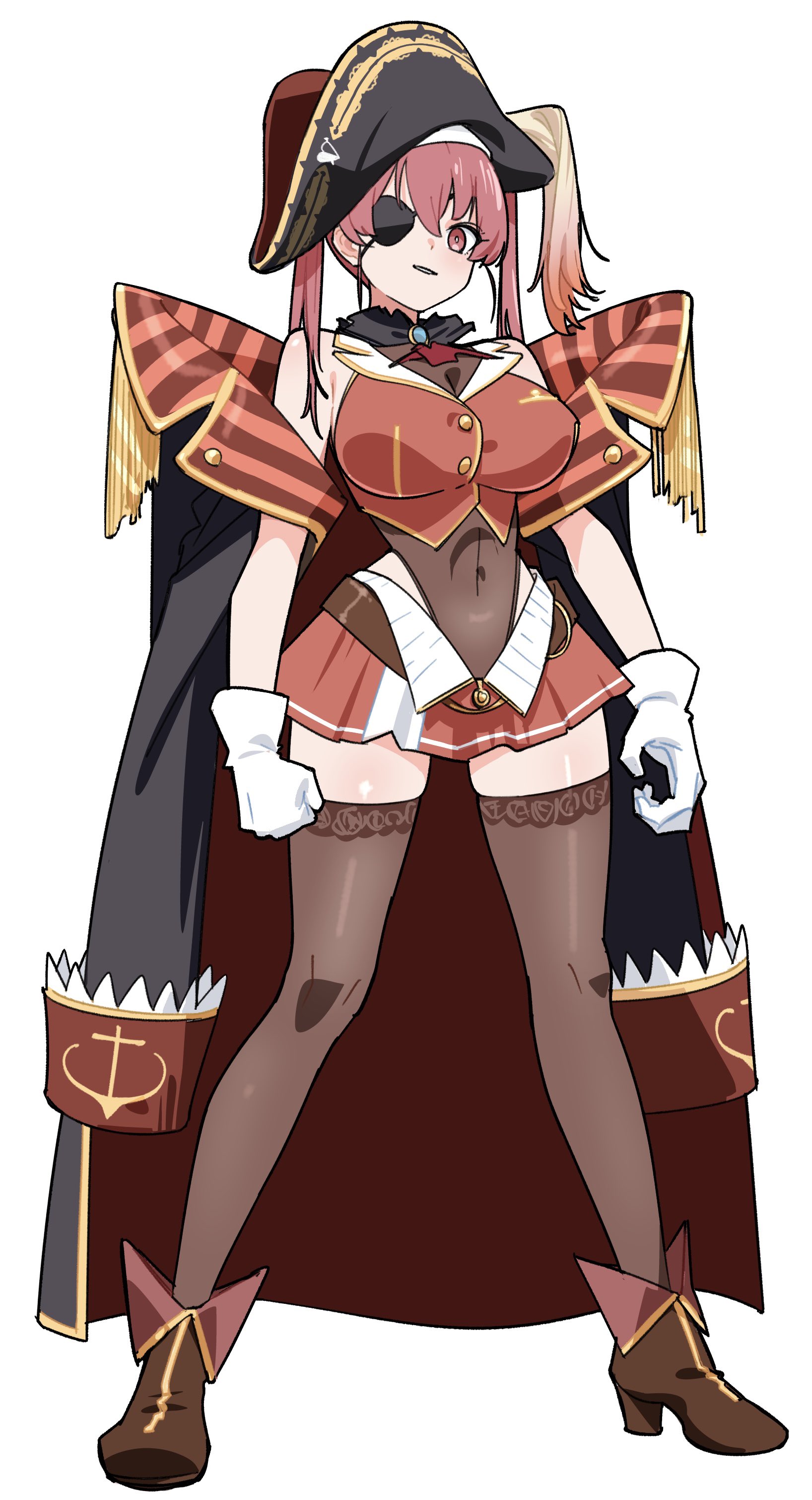 saitama (antitankromeo), houshou marine, hololive, absurdres, highres, 1girl, ascot, black coat, boots, breasts, brown boots, brown thighhighs, coat, coat on shoulders, covered navel, eyepatch, gloves, hair between eyes, hat, high heel boots, high heels, large breasts, leotard, leotard under clothes, long hair, looking at viewer, pirate hat, red ascot, red eyes, red hair, simple background, skirt, solo, standing, thighhighs, twintails, virtual youtuber, white background, white gloves