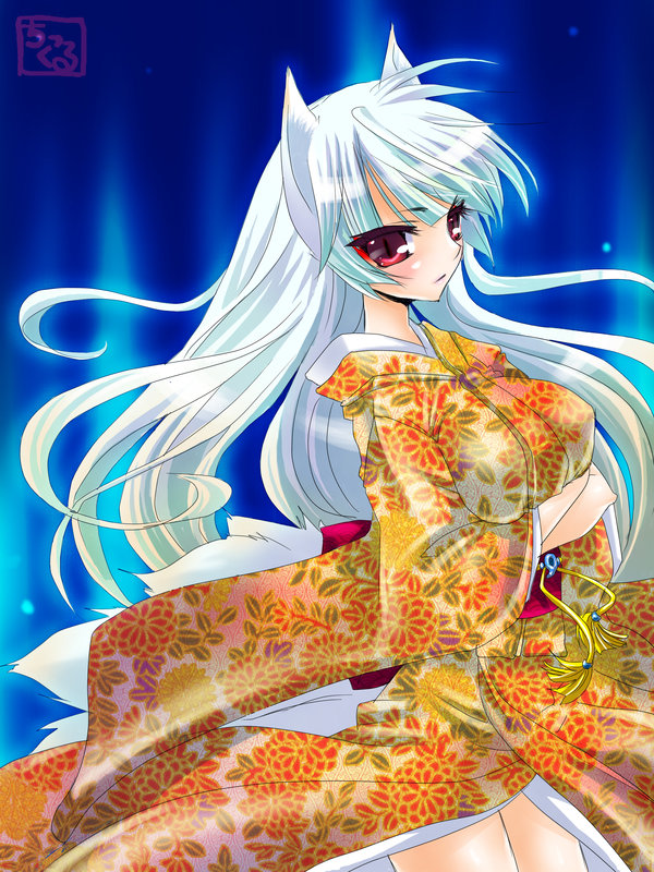 chikkuru, original, traditional clothes, 1girl, animal ears, breasts, crossed arms, eyeshadow, female focus, floral print, fox ears, fox tail, japanese clothes, kimono, kitsune, kyuubi, long hair, looking at viewer, makeup, medium breasts, multiple tails, purple eyes, red eyes, simple background, slit pupils, solo, tail, white hair