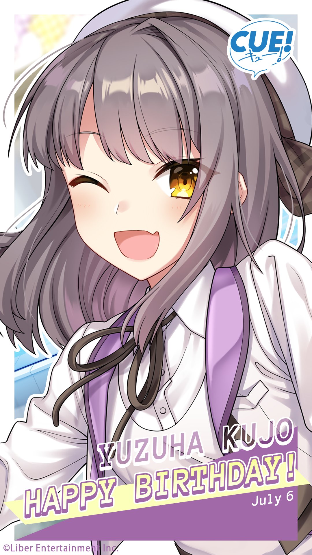 shirako miso, kujo yuzuha, cue!, highres, official art, 1girl, :d, beret, blush, breasts, brown ribbon, character name, collared shirt, dated, english text, fang, happy birthday, hat, hat ribbon, jacket, lips, long hair, long sleeves, looking at viewer, one eye closed, open mouth, plaid ribbon, purple jacket, ribbon, shirt, sidelocks, skin fang, smile, solo, upper body, white hat, white shirt, yellow eyes
