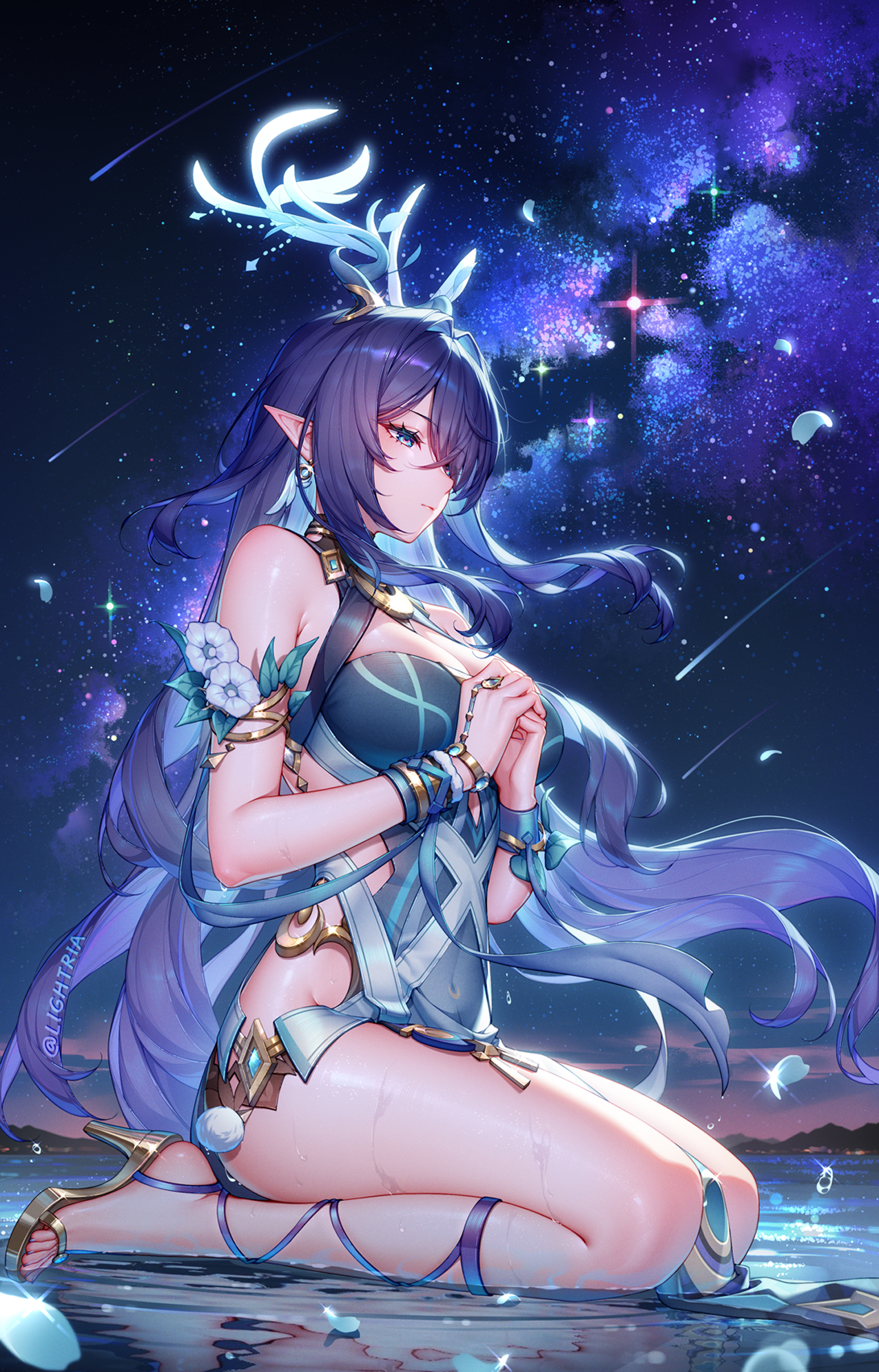 lightria, lauma (genshin impact), genshin impact, chinese commentary, commentary request, highres, 1girl, antlers, aqua dress, aqua eyes, armlet, artist name, bare legs, bare shoulders, blue hair, bracelet, breasts, cleavage, dress, earrings, hair intakes, high heels, horns, jewelry, large breasts, night, night sky, outdoors, own hands together, pointy ears, pom pom (clothes), seiza, shooting star, sidelocks, sitting, sky, solo, thighs, water