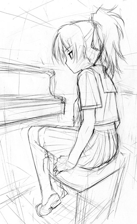 akata itsuki, yin (darker than black), darker than black, 00s, 1girl, female focus, from behind, greyscale, indoors, instrument, monochrome, piano, piano bench, ponytail, school uniform, serafuku, sitting, sketch, skirt, solo
