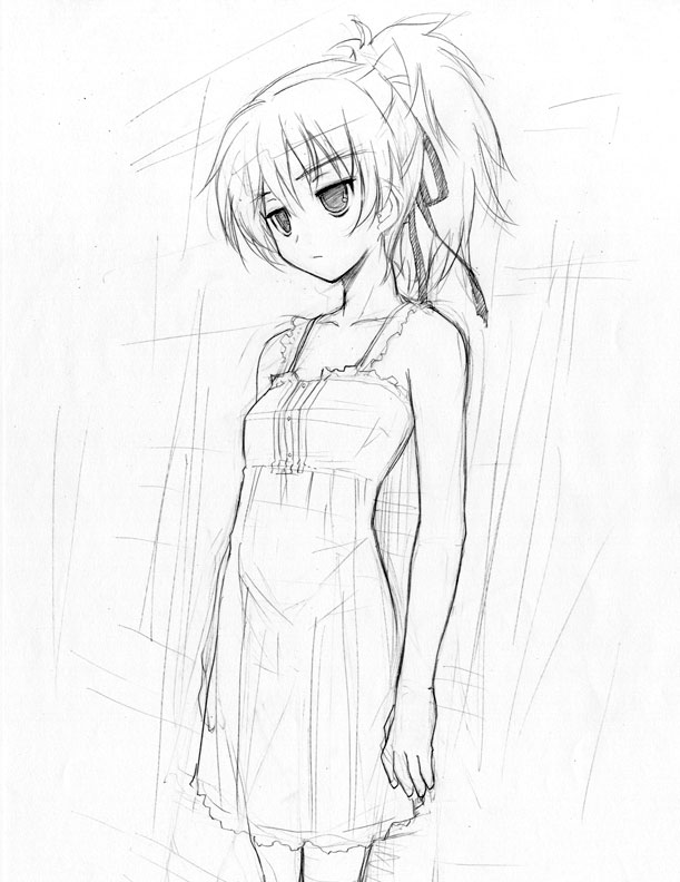 akata itsuki, yin (darker than black), darker than black, 00s, 1girl, dress, female focus, flat chest, greyscale, monochrome, ponytail, sketch, solo