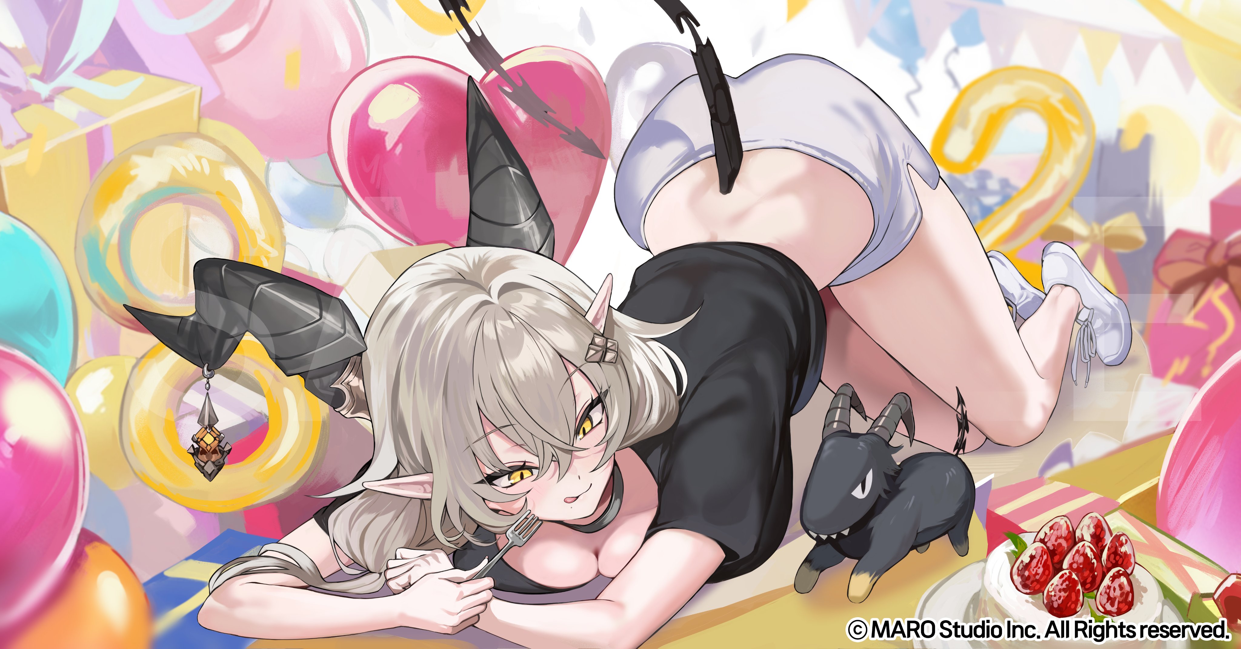 haze (ohw8g), misma ryzing, v&u entertainment, absurdres, highres, official art, 1girl, all fours, balloon, birthday, black choker, black shirt, blonde hair, breasts, cake, choker, cleavage, demon girl, demon horns, demon tail, eyelashes, food, fork, fruit, full body, gift, goat, hair between eyes, hair ornament, hairclip, heart balloon, holding, holding fork, horn ornament, horns, large breasts, long hair, long pointy ears, narrowed eyes, pointy ears, shirt, shoes, short sleeves, shorts, sidelocks, sneakers, solo, strawberry, t-shirt, tail, tongue, tongue out, top-down bottom-up, virtual youtuber, white shoes, white shorts, yellow eyes