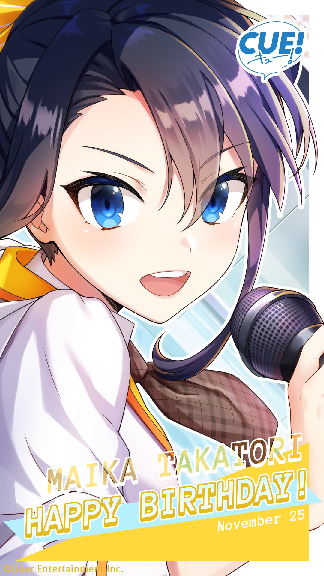 shirako miso, takatori maika, cue!, highres, official art, 1girl, black hair, blue eyes, breasts, brown necktie, character name, collared shirt, dated, english text, from side, happy birthday, holding, holding microphone, jacket, lips, looking at viewer, medium hair, microphone, necktie, open mouth, plaid clothes, plaid necktie, ribbon, shirt, solo, teeth, three-quarter sleeves, tsurime, upper body, upper teeth only, v-shaped eyebrows, white shirt, yellow jacket, yellow ribbon