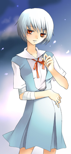 oujima tamaki, ayanami rei, neon genesis evangelion, blue hair, red eyes, school uniform, serafuku, short hair, solo