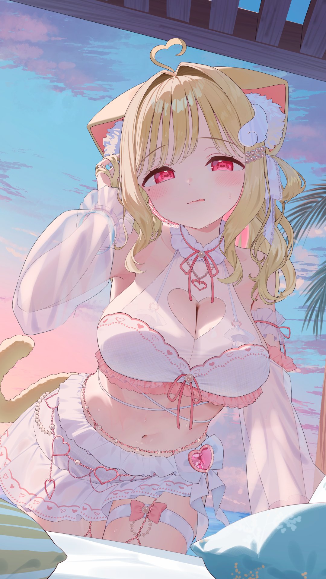 kuyukian3, nekoma karin, kemomimi refle!, commentary request, highres, second-party source, 1girl, :p, ahoge, animal ear fluff, animal ears, blonde hair, blush, bow, breasts, cat ears, cat girl, cat tail, cleavage, cleavage cutout, clothing cutout, cloud, cushion, detached sleeves, evening, frills, gem, heart, heart ahoge, heart cutout, large breasts, looking at viewer, mole, mole under eye, navel, outdoors, red eyes, see-through clothes, see-through sleeves, skirt, sky, solo, stomach, sweat, tail, thigh strap, tongue, tongue out, white bow, white skirt
