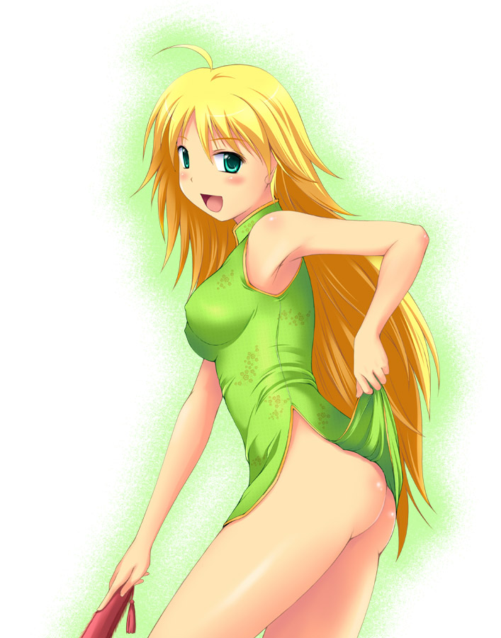 nishi (count2.4), hoshii miki, idolmaster, idolmaster (classic), idolmaster 1, 00s, 1girl, ahoge, aqua eyes, ass, blonde hair, blush, breasts, china dress, chinese clothes, clothes lift, covered erect nipples, dress, dress lift, female focus, green shirt, long hair, medium breasts, no panties, shirt, skirt, skirt lift, solo