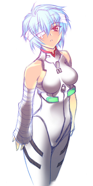 hiyohiyo, ayanami rei, neon genesis evangelion, bandage over one eye, bandages, blue hair, eyepatch, mecha pilot suit, plugsuit (evangelion), red eyes, short hair, solo