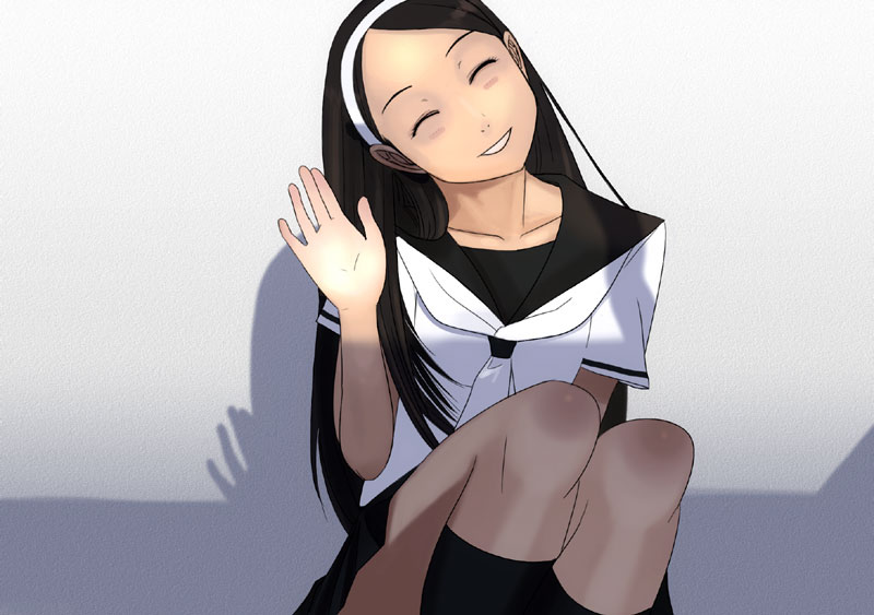 kiriman (souldeep), original, 1girl, ^ ^, black hair, black socks, blush, closed eyes, collarbone, facing viewer, female focus, hairband, head tilt, kneehighs, knees up, long hair, pleated skirt, school uniform, serafuku, shadow, short sleeves, sitting, skirt, smile, socks, solo, waving
