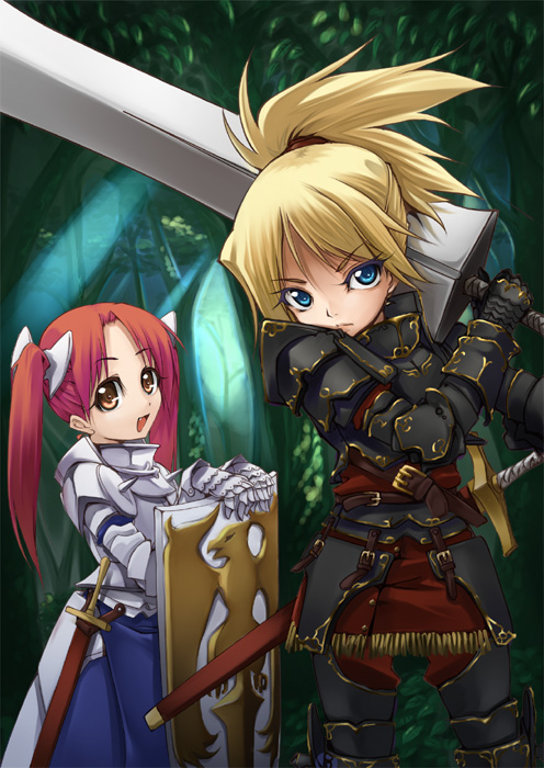 aize, original, 2girls, armor, blonde hair, blue eyes, fantasy, multiple girls, ponytail, red hair, shield, sword, twintails, weapon, yellow eyes
