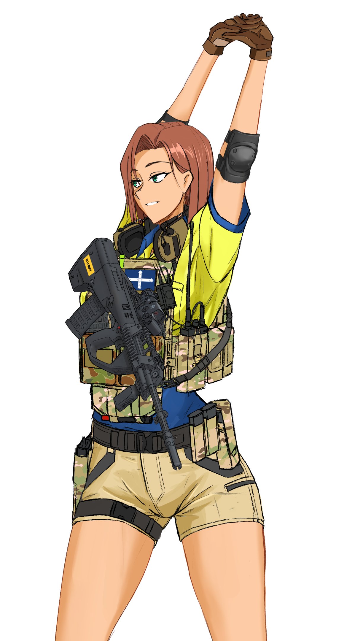 original, highres, 1girl, ammunition pouch, arms behind head, assault rifle, brown gloves, bullpup, ear protection, elbow pads, flag patch, gloves, gun, jacket, magazine (weapon), optical sight, pouch, rifle, short sleeves, shorts, solo, sovietoad, steyr aug, stretching, vertical foregrip, walkie-talkie, weapon