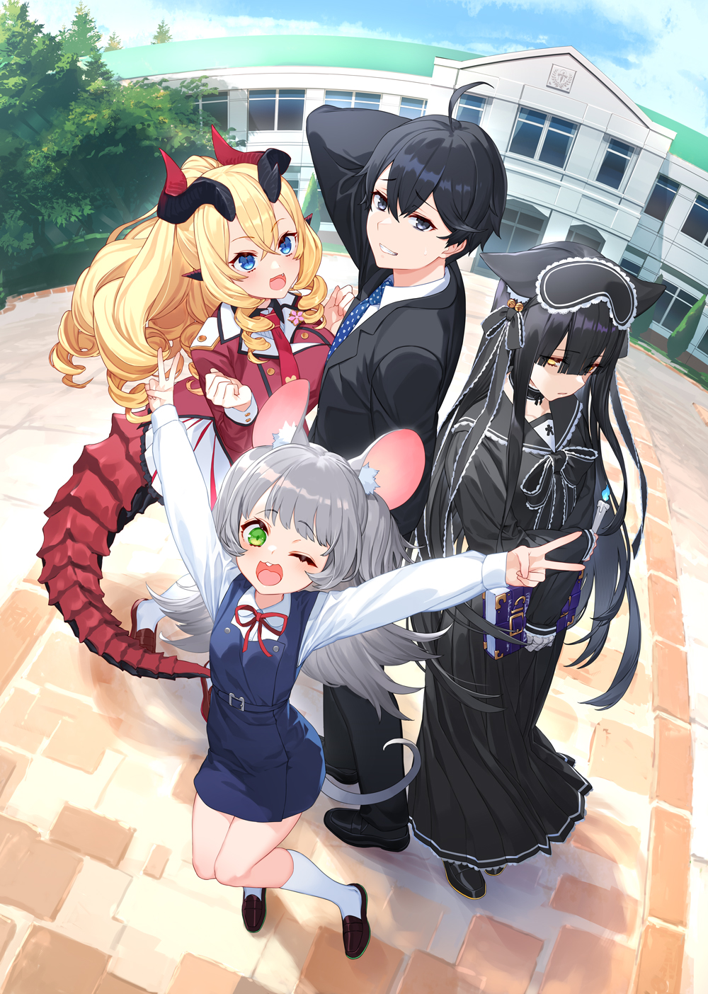 jingai kyoshitsu no ningen girai kyoshi, highres, official art, 1boy, 3girls, :d, ;d, ahoge, animal ear fluff, animal ears, arms up, bell, belt, black bow, black choker, black hair, black horns, black ribbon, black sailor collar, black serafuku, black shirt, black skirt, blonde hair, blue belt, blue eyes, blue fire, blue necktie, blush, book, bow, breasts, brown shoes, candle, cat ears, cat girl, choker, clenched hands, closed mouth, cloud, collared shirt, cowboy shot, crossed bangs, double v, dragon ears, dragon girl, dragon horns, dragon tail, drill hair, drill ponytail, drill sidelocks, fire, flipped hair, formal clothes, frilled bowtie, frilled sailor collar, frills, from above, full body, green eyes, grey hair, hair between eyes, hair ribbon, hitoma rei, holding, holding book, holding candle, horns, jacket, kurosawa neneko, large breasts, loafers, long hair, long sidelocks, long skirt, long sleeves, looking at viewer, looking down, looking up, mouse ears, mouse girl, mouse tail, multiple girls, necktie, nezu machi, one eye closed, open mouth, outdoors, outstretched arms, pants, pigeon-toed, pleated skirt, pointy ears, red jacket, red necktie, red ribbon, ribbon, ryuzaki karin, sailor collar, school, school uniform, serafuku, shirt, shoes, short hair, sidelocks, skirt, sky, small breasts, smile, socks, solo, standing, suit, suit jacket, tail, thighs, tree, v, very long hair, very long sidelocks, white shirt, white socks, yellow eyes