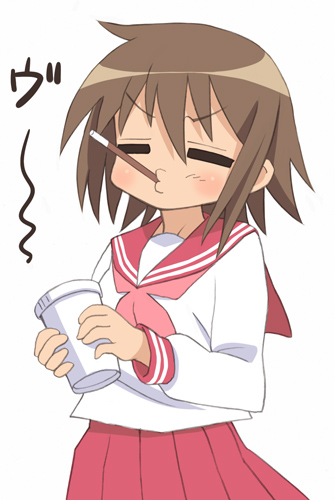 oryo (oryo04), kusakabe misao, lucky star, lowres, 00s, brown hair, closed eyes, cup, food, pocky, school uniform, serafuku, short hair, solo