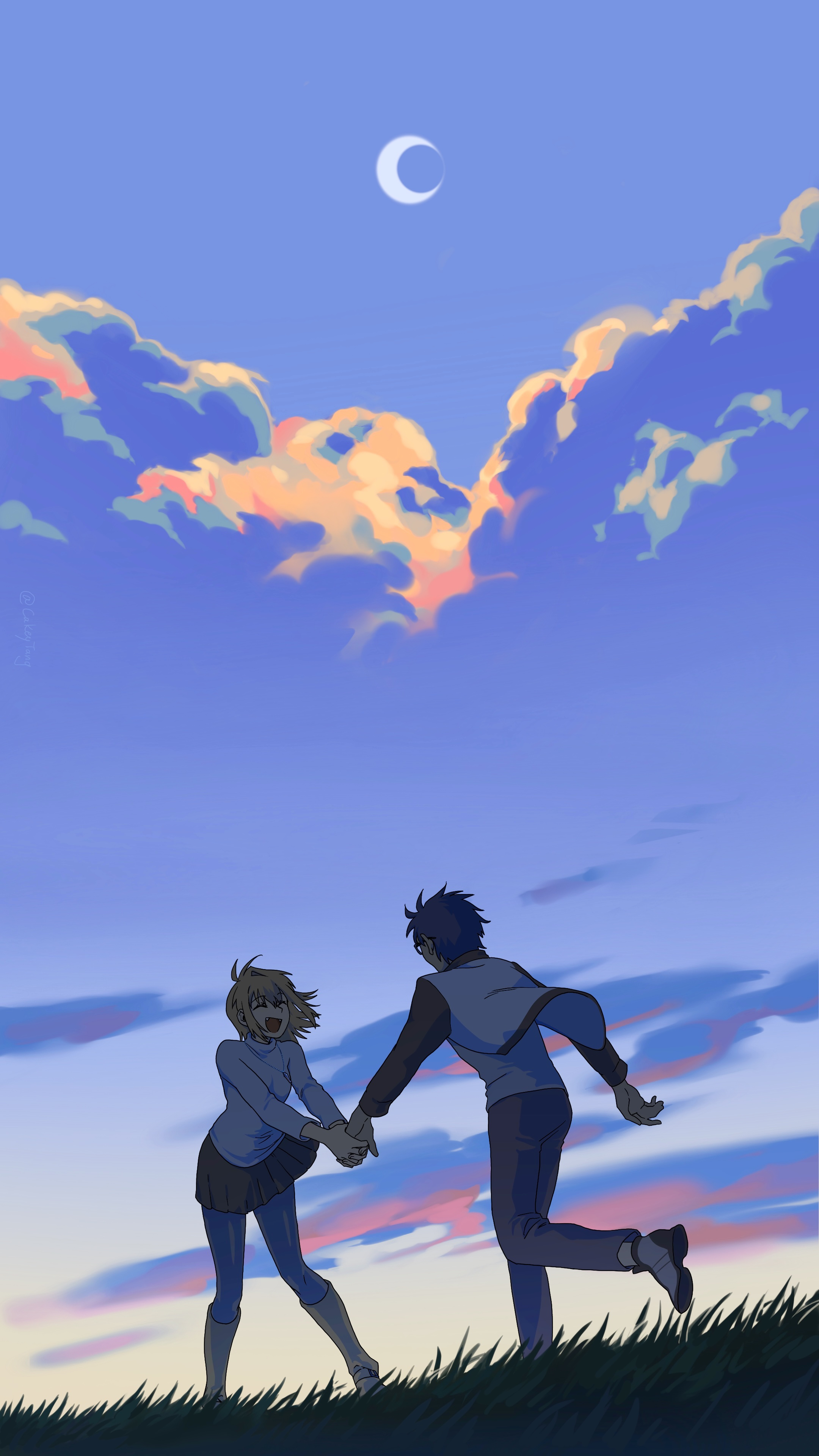 arcueid brunestud, tohno shiki, tsukihime, tsukihime (remake), absurdres, highres, 1boy, 1girl, bench-under-maple, black hair, black pantyhose, blonde hair, blue skirt, boots, brown boots, closed eyes, cloud, cloudy sky, crescent moon, fangs, floating clothes, floating hair, glasses, grass, grasslands, hand grab, jacket, moon, official alternate costume, open mouth, outdoors, pants, pantyhose, shoes, skirt, sky, smile, sweater, turtleneck, turtleneck sweater, walking, white sweater