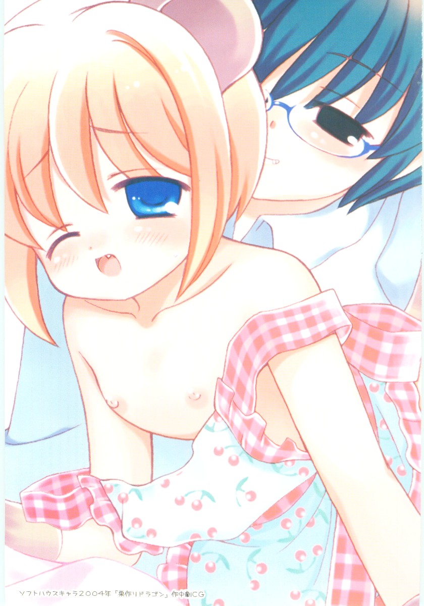 chinjao roosu, highres, non-web source, blonde hair, blue eyes, fang, flat chest, glasses, loli, nipples