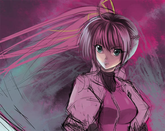 kitiroku, signum, lyrical nanoha, mahou shoujo lyrical nanoha, mahou shoujo lyrical nanoha strikers, unfinished, 00s, 1girl, aqua eyes, female focus, pink hair, simple background, sketch, solo