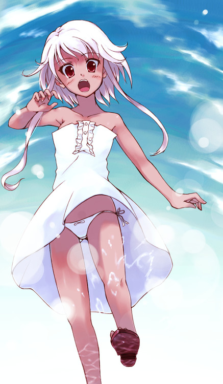 tamaki fuyu, original, bad id, bad pixiv id, md5 mismatch, 1girl, dress, female focus, panties, side-tie panties, solo, underwear, white hair, wind, wind lift