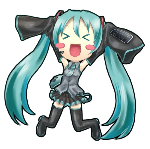 sabamu, hatsune miku, vocaloid, lowres, 1girl, aqua hair, aqua necktie, armpits, black thighhighs, blouse, boots, chibi, collared shirt, detached sleeves, female focus, frilled shirt, frills, full body, grey shirt, headset, long hair, necktie, shirt, simple background, sleeveless, sleeveless shirt, solo, tattoo, thigh boots, thighhighs, twintails, very long hair, white background, zettai ryouiki