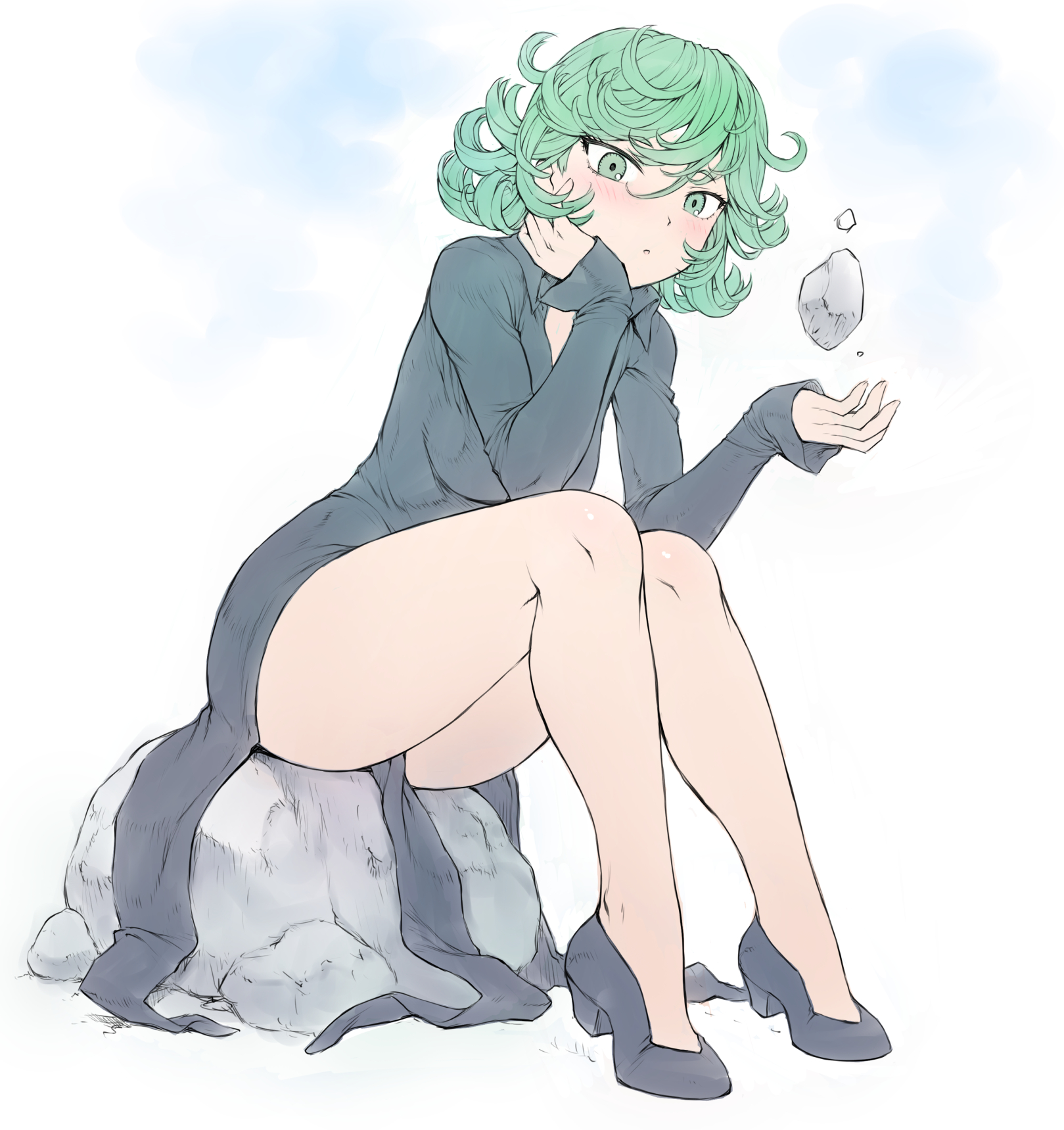 mogudan, tatsumaki, one-punch man, highres, 1girl, black dress, breasts, clothing cutout, curly hair, dress, green eyes, green hair, groin, hands on own hips, hip vent, long sleeves, looking at viewer, open mouth, rock, short hair, simple background, sitting, small breasts, telekinesis, thick thighs, thighs, white background, wide hips
