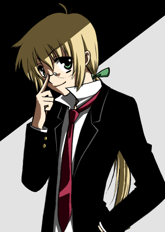 saki chisuzu, yuuno scrya, lyrical nanoha, mahou shoujo lyrical nanoha, mahou shoujo lyrical nanoha strikers, 00s, 1boy, glasses, long hair, male focus, necktie, ponytail, solo