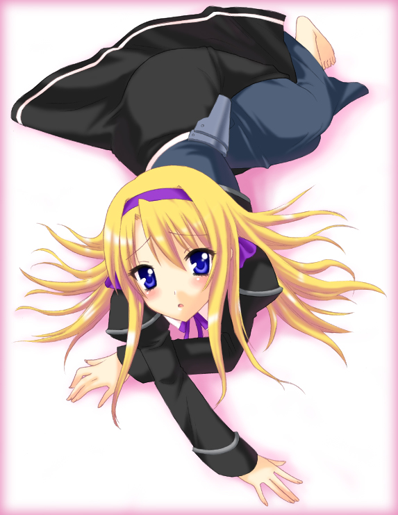 saki chisuzu, carim gracia, lyrical nanoha, mahou shoujo lyrical nanoha, mahou shoujo lyrical nanoha strikers, 00s, 1girl, barefoot, blonde hair, blue eyes, female focus, hairband, on floor, solo, waist cape