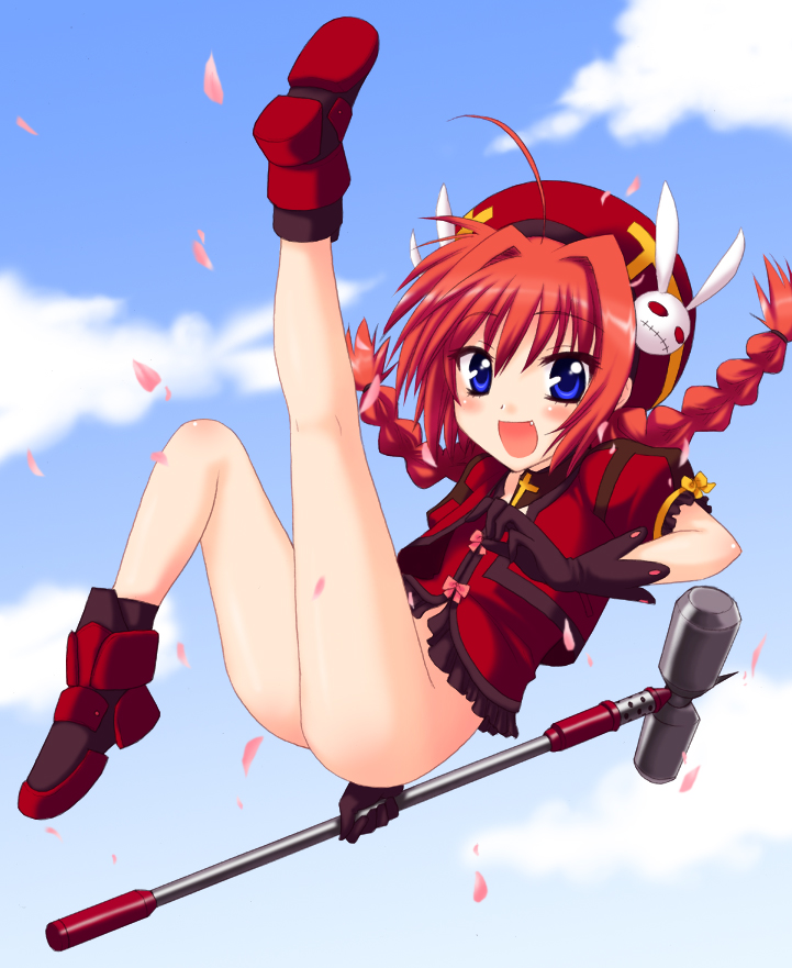 saki chisuzu, graf eisen, vita (nanoha), lyrical nanoha, mahou shoujo lyrical nanoha, mahou shoujo lyrical nanoha strikers, 00s, 1girl, :d, ahoge, ankle boots, ass, beret, blue eyes, blue sky, blush, boots, bottomless, braid, day, dress, female focus, floating, full body, hair ornament, hammer, hat, looking at viewer, open mouth, puffy short sleeves, puffy sleeves, rabbit hair ornament, red dress, short sleeves, sky, smile, solo, spikes, twin braids