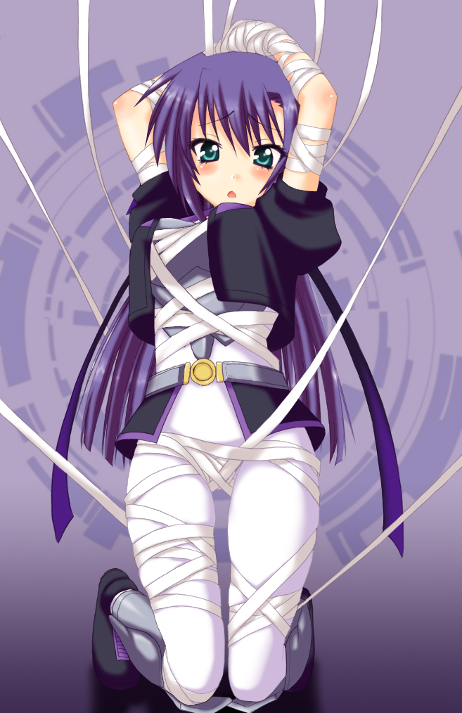 saki chisuzu, ginga nakajima, lyrical nanoha, mahou shoujo lyrical nanoha, mahou shoujo lyrical nanoha strikers, 00s, 1girl, arms up, bdsm, blush, bondage, bound, female focus, green eyes, long hair, purple hair, restrained, ribbon, ribbon bondage, solo