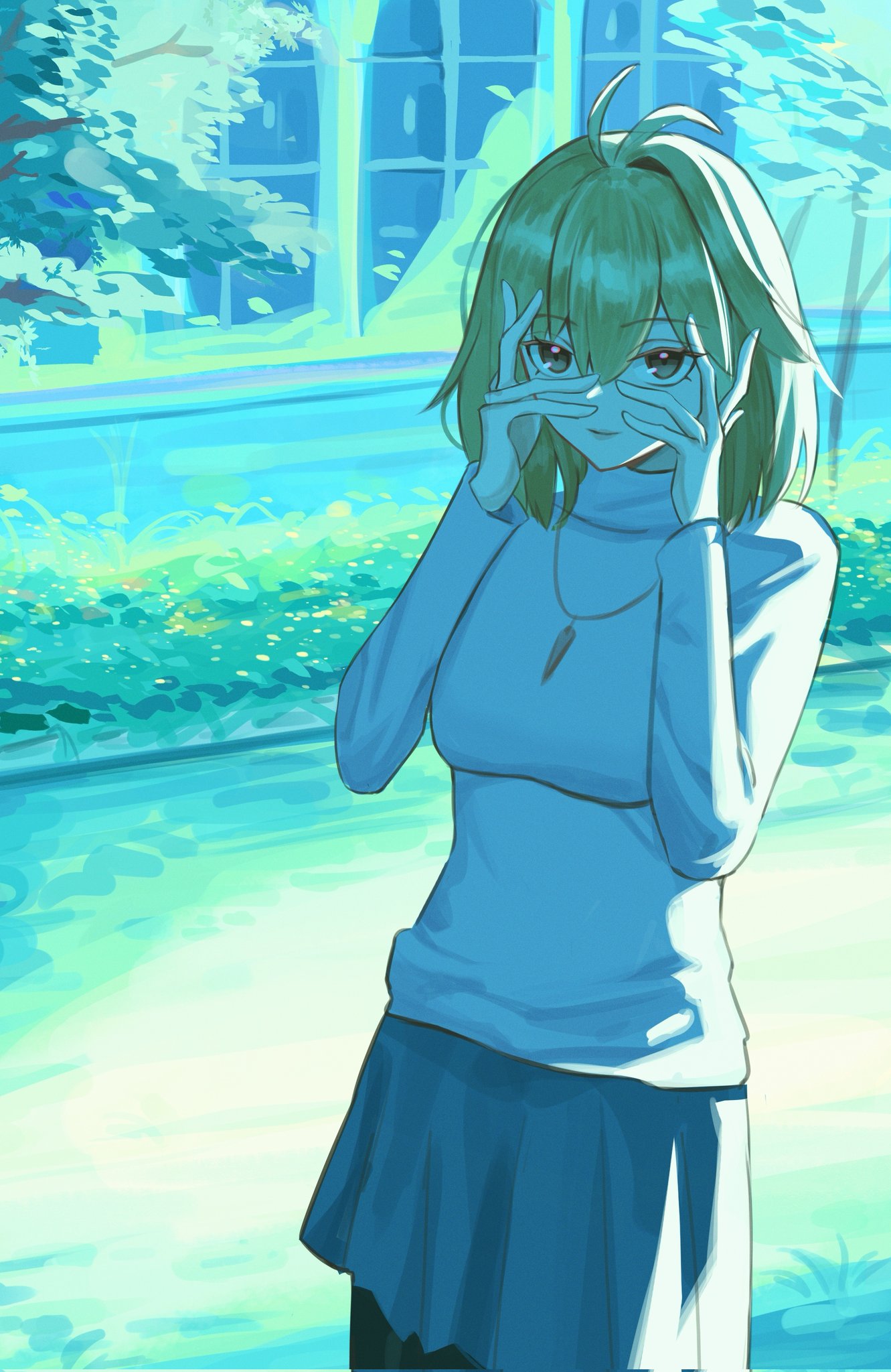 kaworu13, arcueid brunestud, tsukihime, tsukihime (remake), highres, 1girl, ahoge, black pantyhose, blonde hair, blue skirt, breasts, hair between eyes, hands on own face, jewelry, looking at viewer, necklace, outdoors, pantyhose, red eyes, short hair, skirt, smile, sweater, turtleneck, turtleneck sweater, white sweater