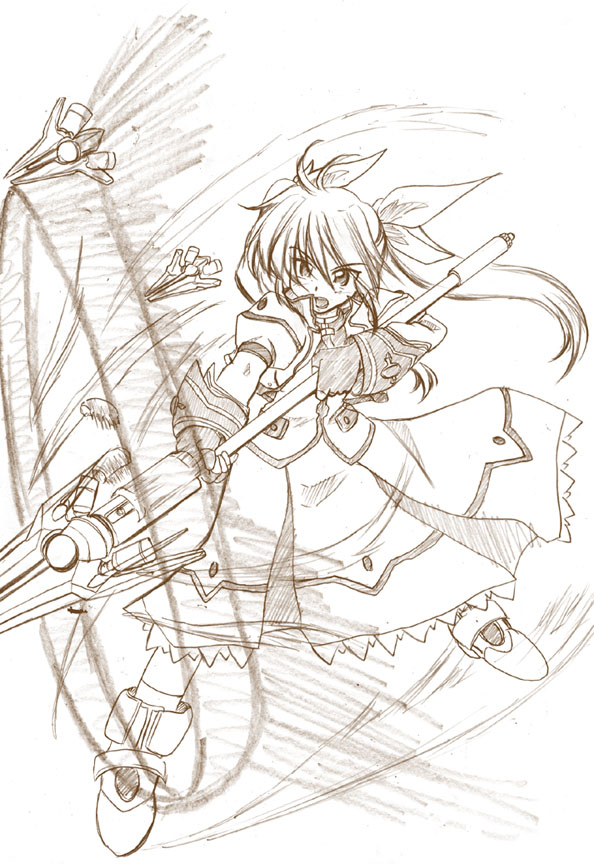 zero point, raising heart, raising heart (blaster bit), raising heart (exceed mode), takamachi nanoha, takamachi nanoha (exceed mode), lyrical nanoha, mahou shoujo lyrical nanoha, mahou shoujo lyrical nanoha strikers, 00s, 1girl, brown theme, female focus, monochrome, sketch, solo