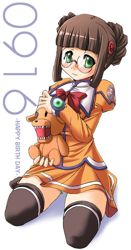 tonpuu, fujisawa yayoi, fujisawa yayoi (uchuu no stellvia), uchuu no stellvia, 00s, 1girl, blush, brown hair, donut hair bun, double bun, female focus, glasses, green eyes, green panties, hair bun, hair ornament, kneeling, orange shirt, panties, school uniform, serafuku, shirt, smile, solo, stuffed animal, stuffed toy, teeth, thighhighs, underwear, zettai ryouiki
