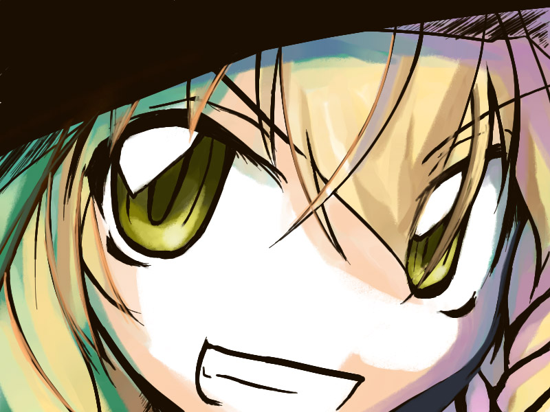 neki-t, kirisame marisa, touhou, eyebrows, 1girl, blonde hair, braid, close-up, female focus, grin, hair between eyes, hat, sketch, smile, solo, witch hat, yellow eyes