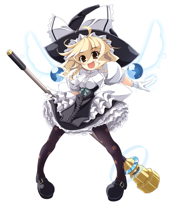 tooya, touya (the-moon), kirisame marisa, touhou, 1girl, blonde hair, female focus, full body, gloves, hat, magical girl, open mouth, pantyhose, skirt, solo, white background, witch, witch hat