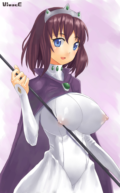 nagase haruhito, henrietta de tristain, zero no tsukaima, 00s, 1girl, blue eyes, breasts, cape, covered erect nipples, dress, female focus, huge breasts, nipples, open mouth, purple hair, see-through clothes, short hair, skindentation, smile, solo, tiara, tight clothes