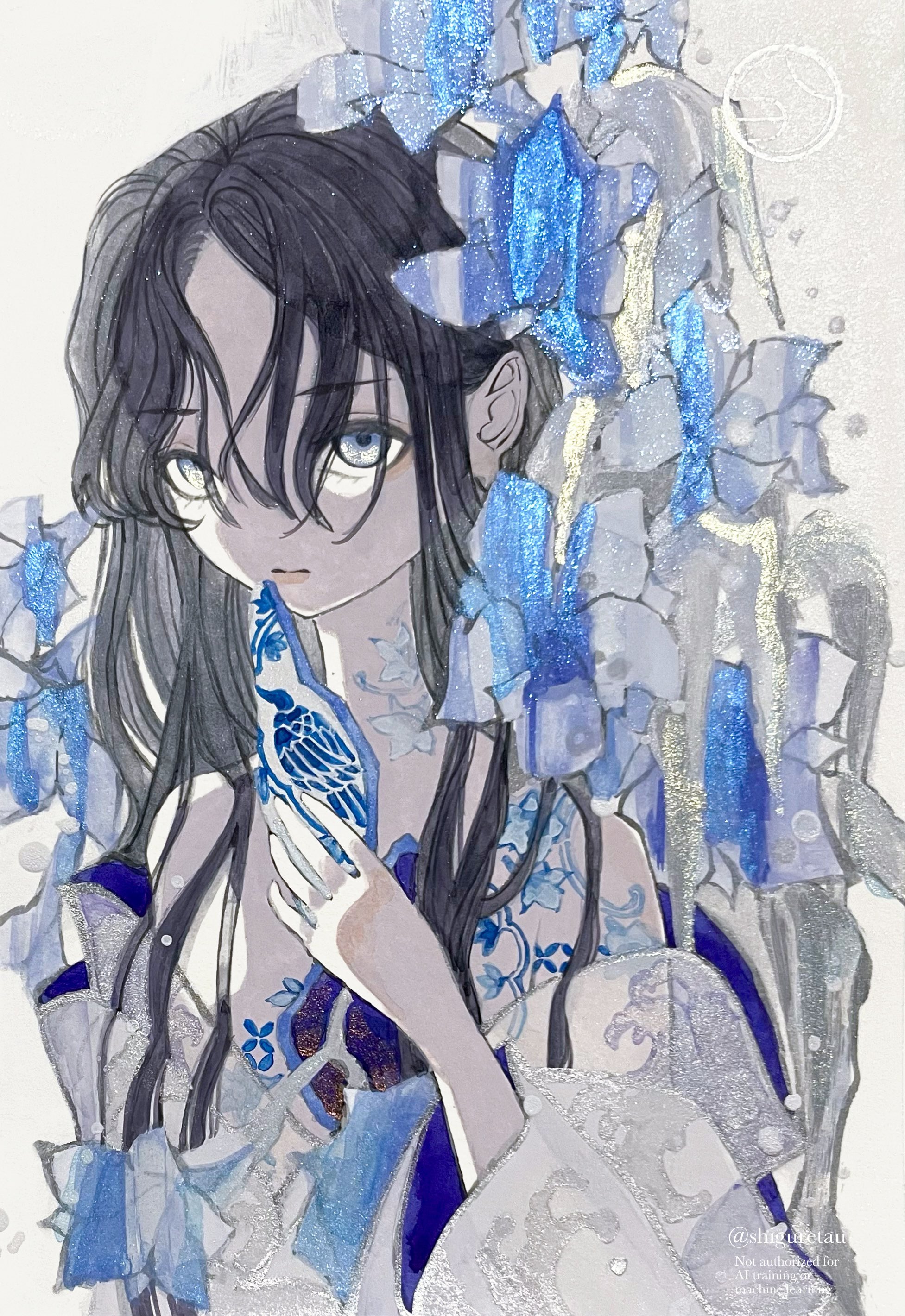 shiguretau, original, absurdres, commentary request, highres, 1girl, artist logo, artist name, bare shoulders, black hair, blue eyes, curly hair, eyeshadow, flower, hair over face, holding, japanese clothes, kimono, kimono pull, lips, logo, long hair, long sidelocks, looking at viewer, makeup, parted bangs, pink eyeshadow, sidelocks, simple background, solo, twitter username, white kimono, wide sleeves