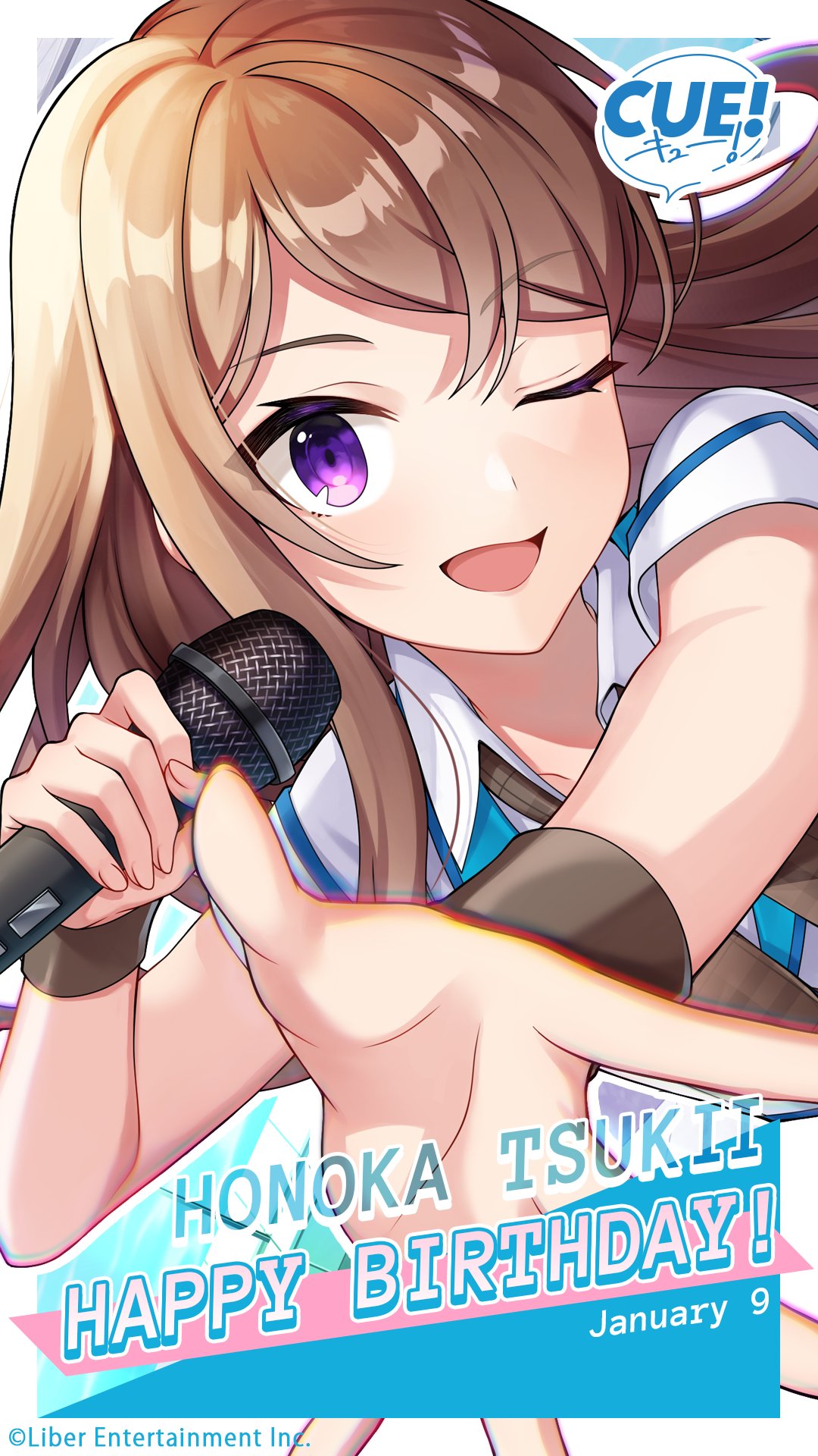 shirako miso, tsukii honoka, cue!, highres, official art, 1girl, blue jacket, bow, breasts, brown bow, brown hair, character name, collarbone, collared shirt, dated, english text, hands up, happy birthday, holding, holding microphone, jacket, lips, long hair, looking at viewer, microphone, one eye closed, open hand, open mouth, outstretched arm, palms, plaid bow, purple eyes, reaching, reaching towards viewer, shirt, short sleeves, smile, solo, spread fingers, upper body, white shirt